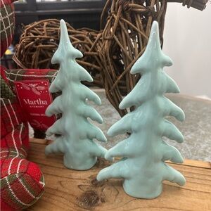 CHRISTMAS TREES TURQUOISE SHINY CERAMIC  SET OF 2 NEW